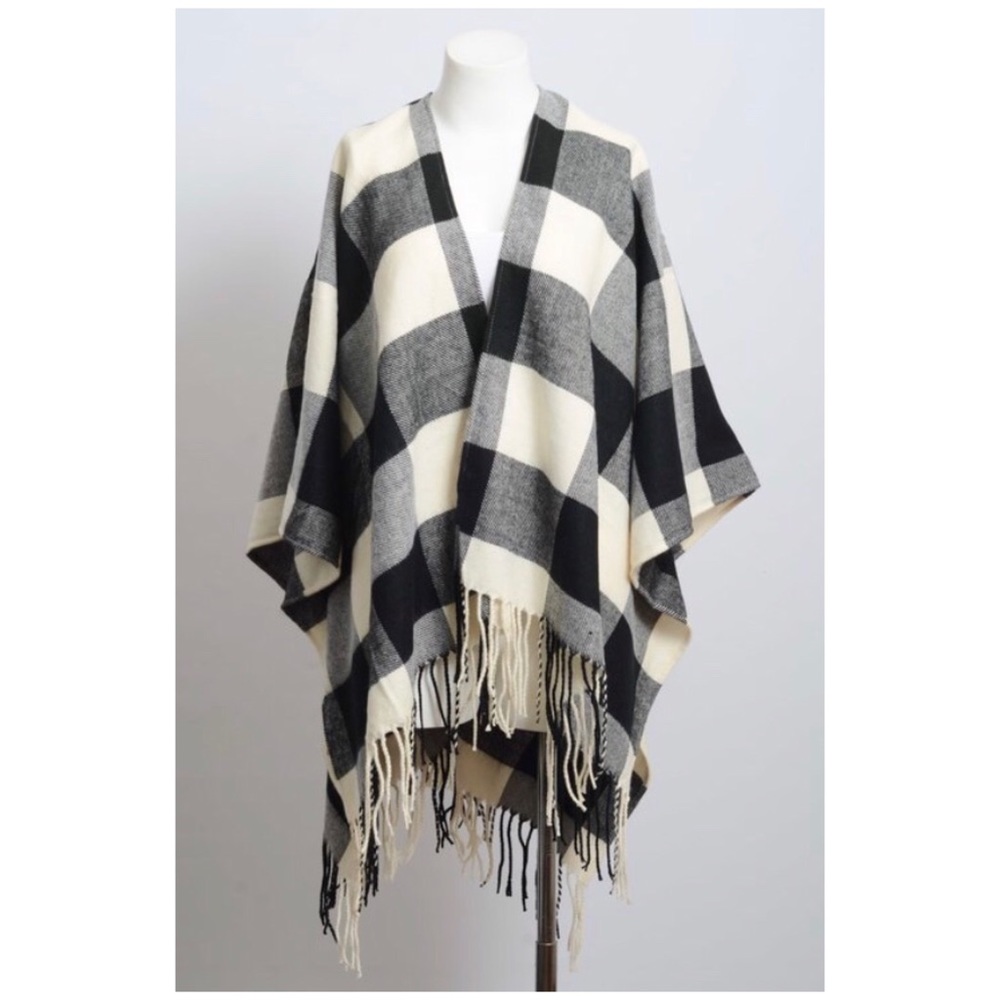 Ivory & Black Buffalo Plaid Poncho Sweater Wrap - Picture 5 of 5